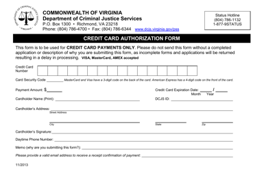 Document preview: Credit Card Authorization Form - Virginia