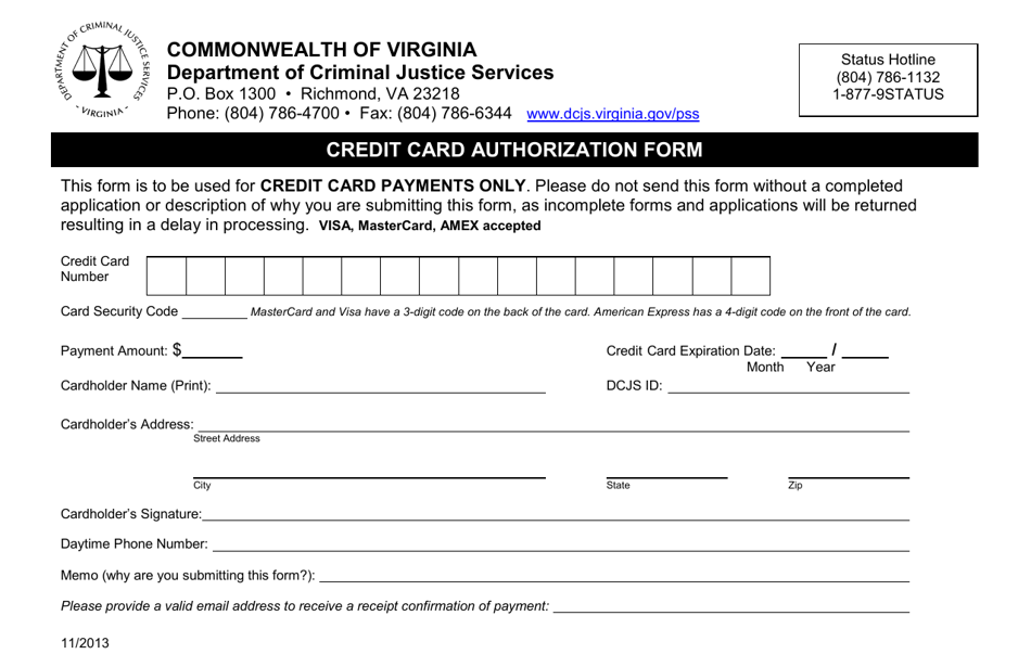 Credit Card Authorization Form - Virginia, Page 1