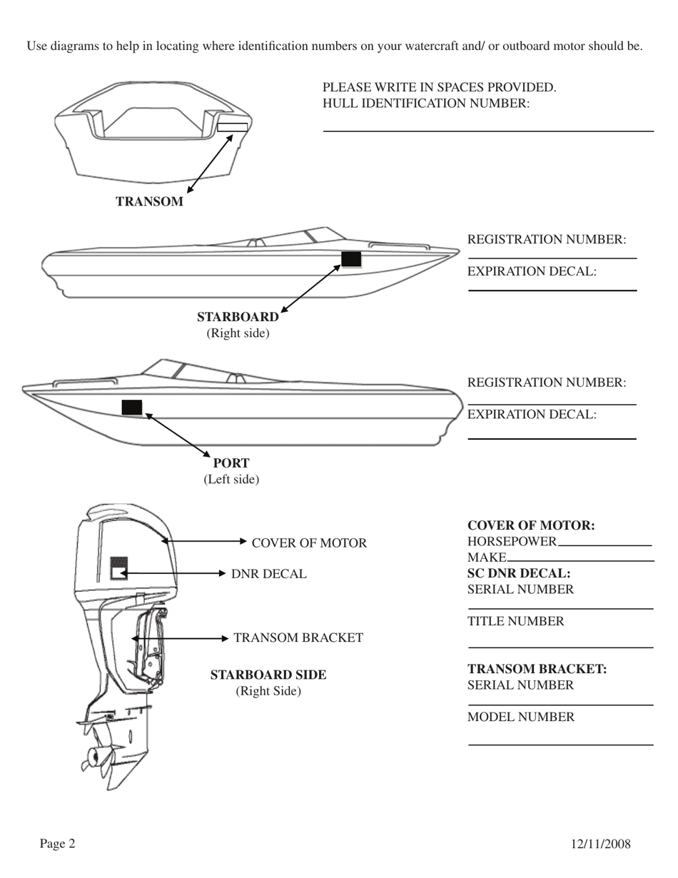 Affidavit in Support for Application for Title for Watercraft / Outboard Motor - South Carolina, Page 2
