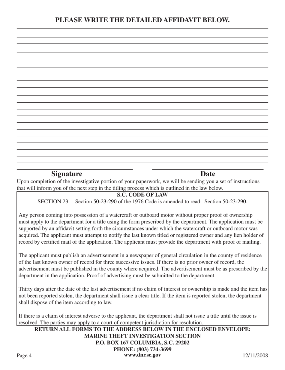 Affidavit in Support for Application for Title for Watercraft / Outboard Motor - South Carolina, Page 4