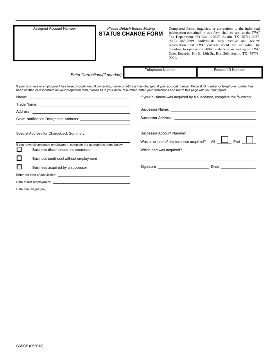 Form C3SCF Status Change Form - Texas, Page 1