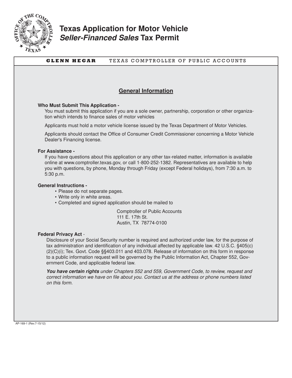 Form AP-169 Texas Application for Motor Vehicle Seller-Financed Sales Tax Permit - Texas, Page 1
