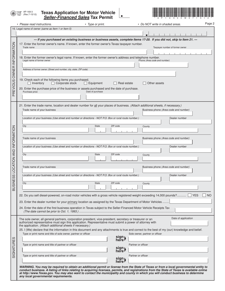 Form AP-169 Texas Application for Motor Vehicle Seller-Financed Sales Tax Permit - Texas, Page 3