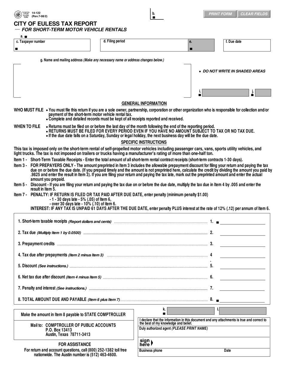 Form 14-122 Tax Report - for Short-Term Motor Vehicle Rentals - City of Euless, Texas, Page 1