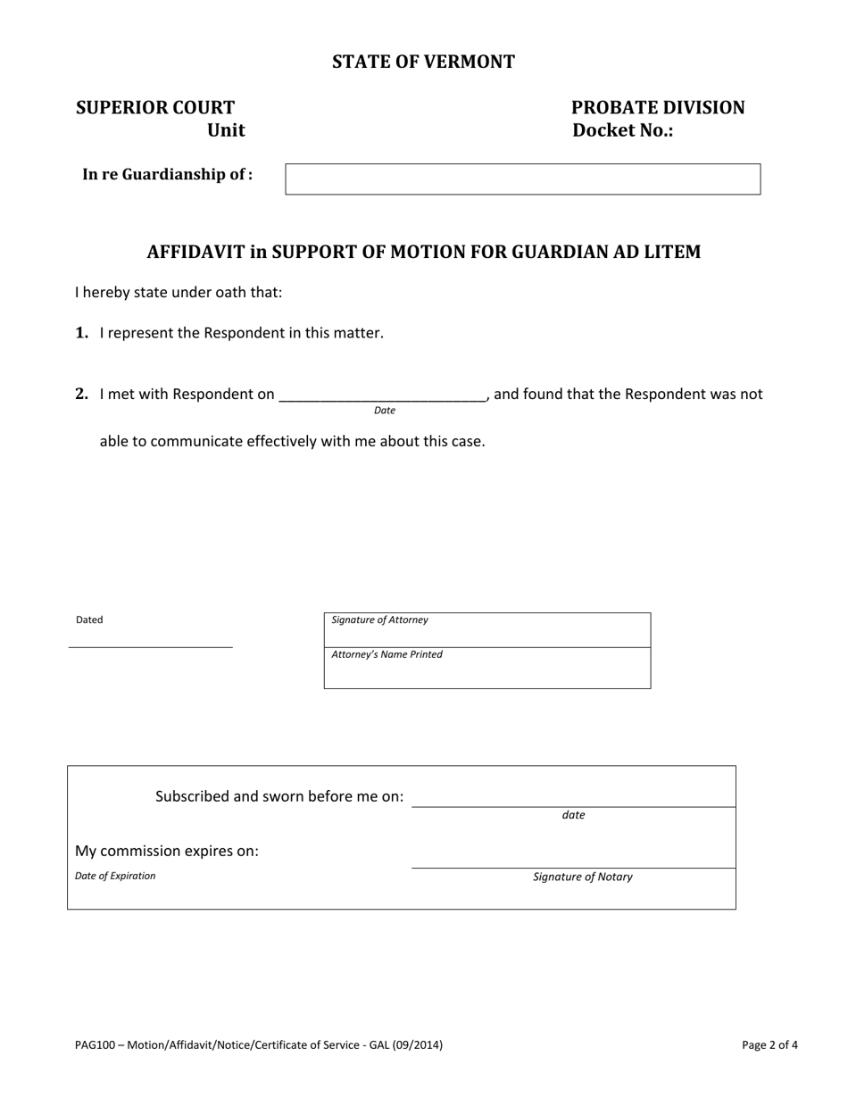 Form PAG100 Motion for Appointment of Guardian Ad Litem - Vermont, Page 2