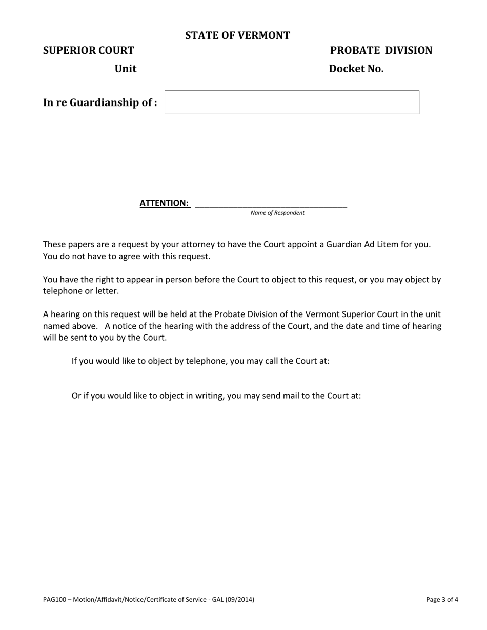Form PAG100 Motion for Appointment of Guardian Ad Litem - Vermont, Page 3
