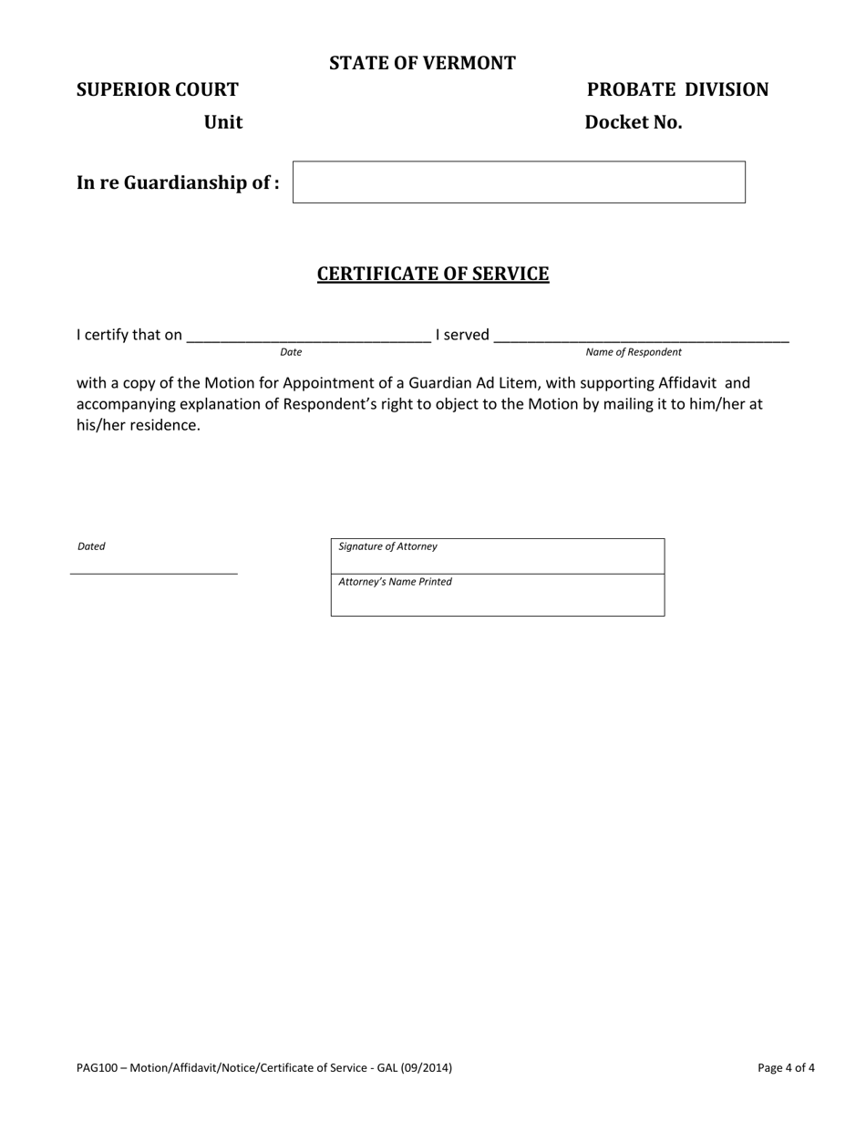 Form PAG100 Motion for Appointment of Guardian Ad Litem - Vermont, Page 4