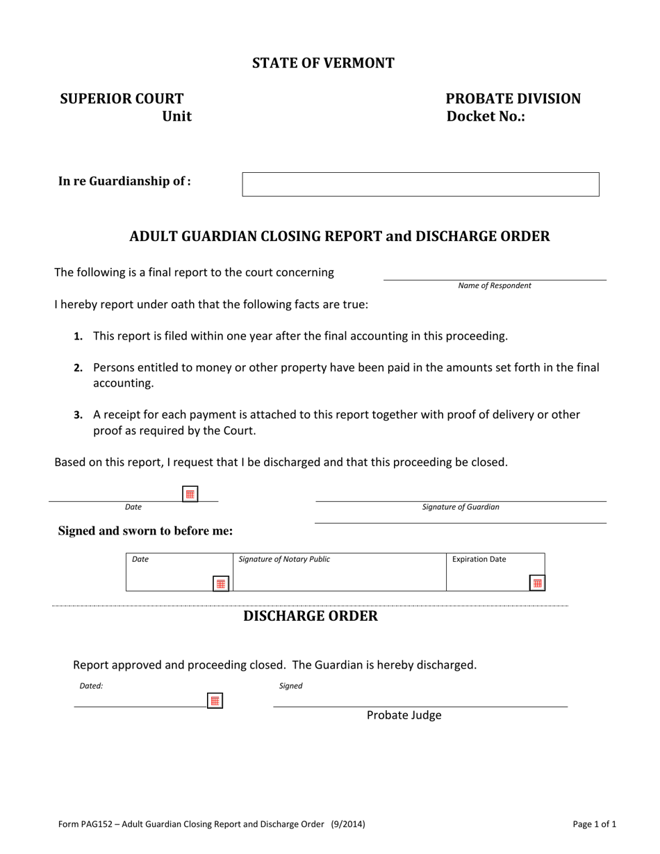 Form PAG152 Adult Guardian Closing Report and Discharge Order - Vermont, Page 1