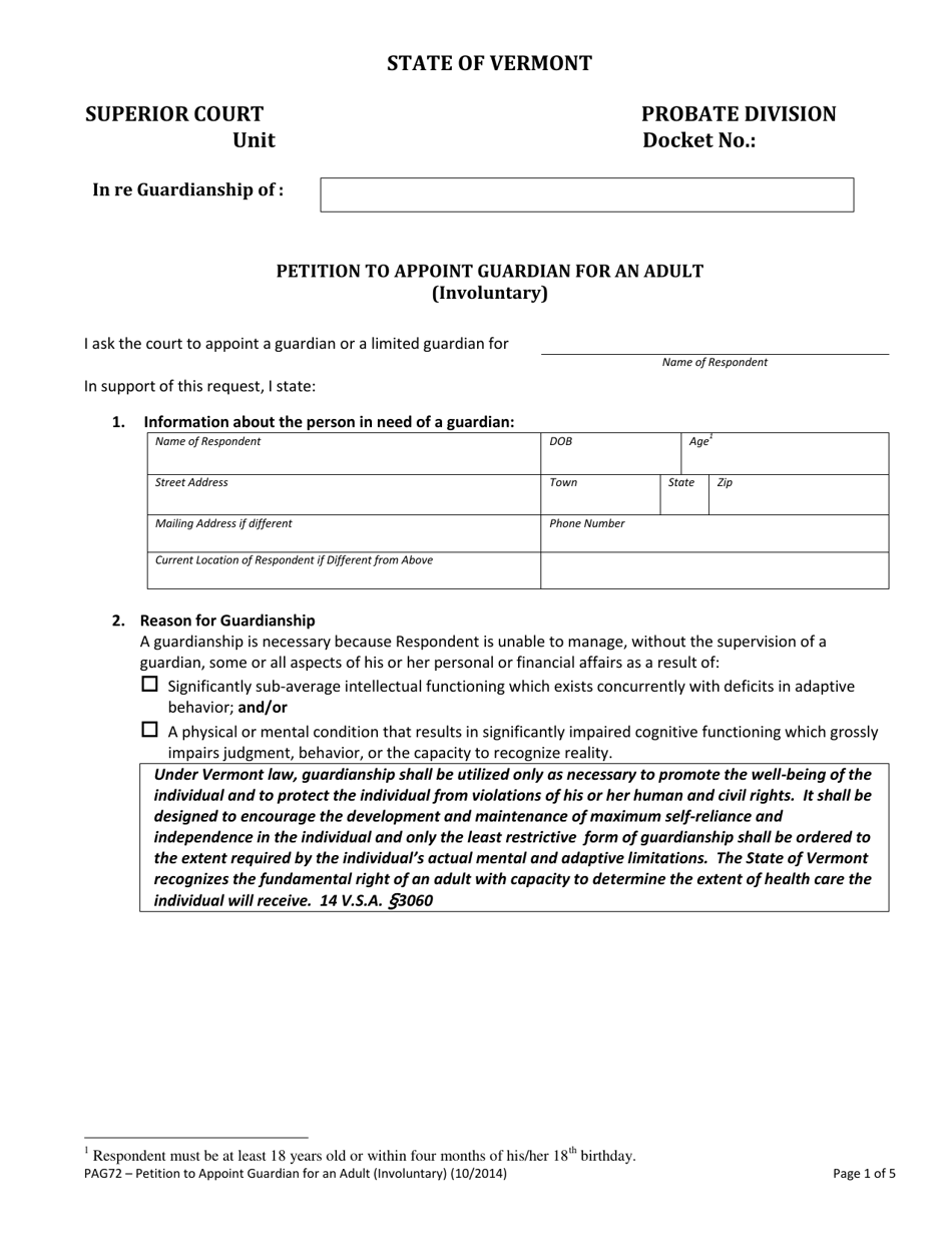 Form PAG72 Petition to Appoint Guardian for an Adult (Involuntary) - Vermont, Page 1