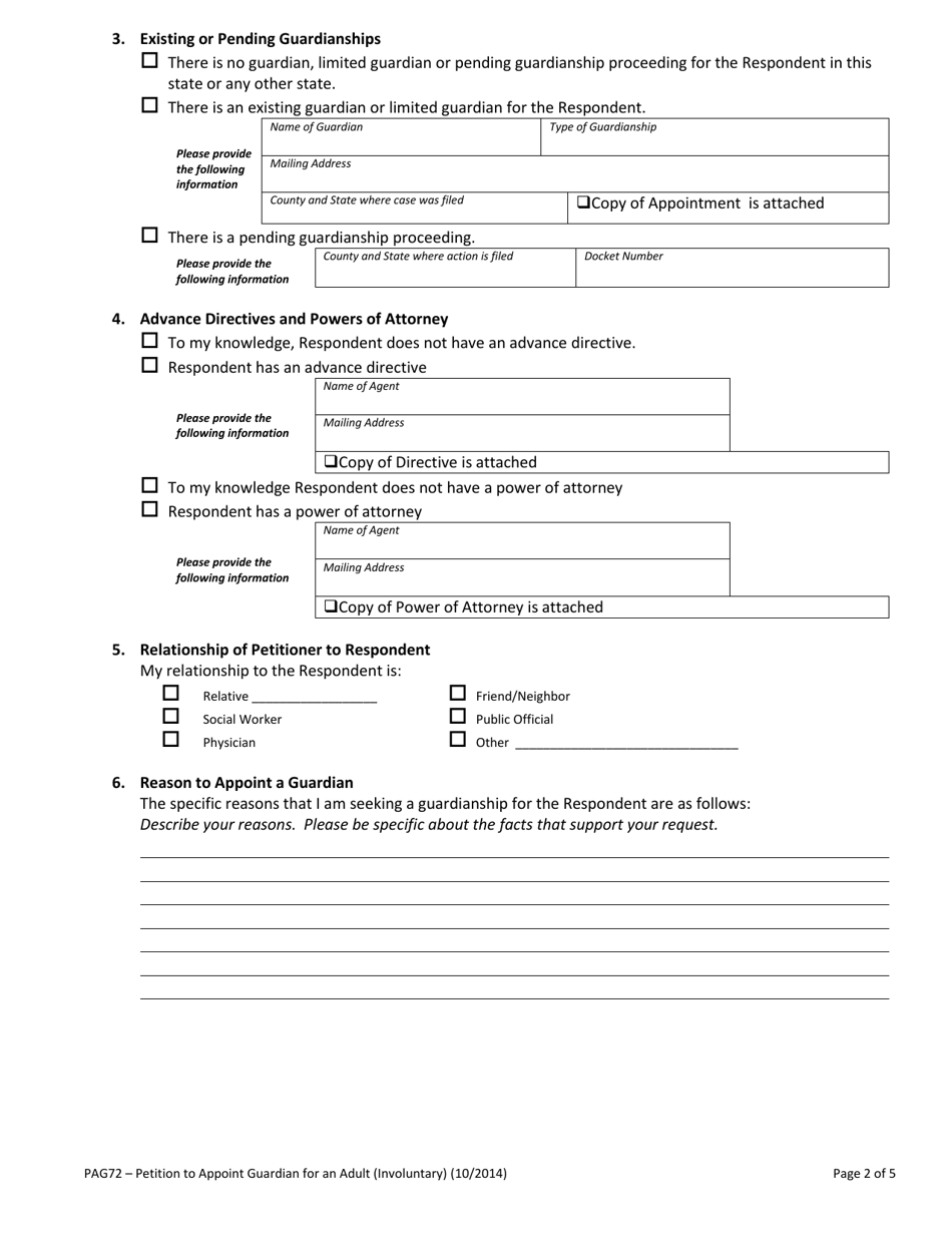 Form PAG72 Petition to Appoint Guardian for an Adult (Involuntary) - Vermont, Page 2