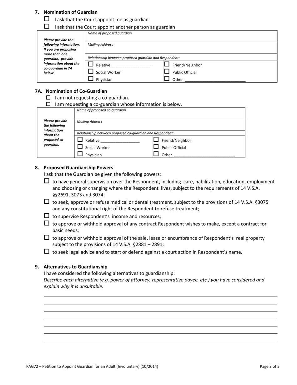 Form PAG72 Petition to Appoint Guardian for an Adult (Involuntary) - Vermont, Page 3