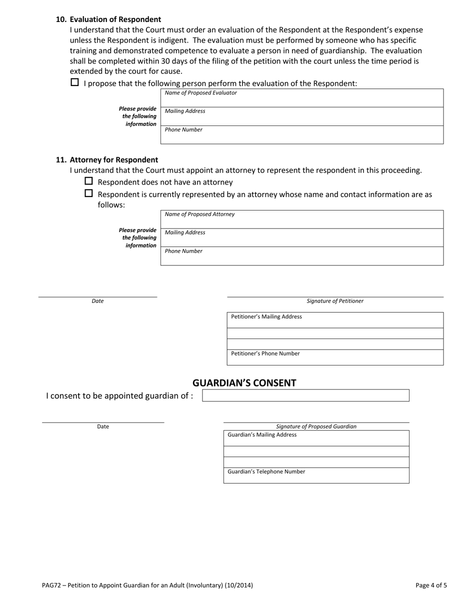 Form PAG72 Petition to Appoint Guardian for an Adult (Involuntary) - Vermont, Page 4