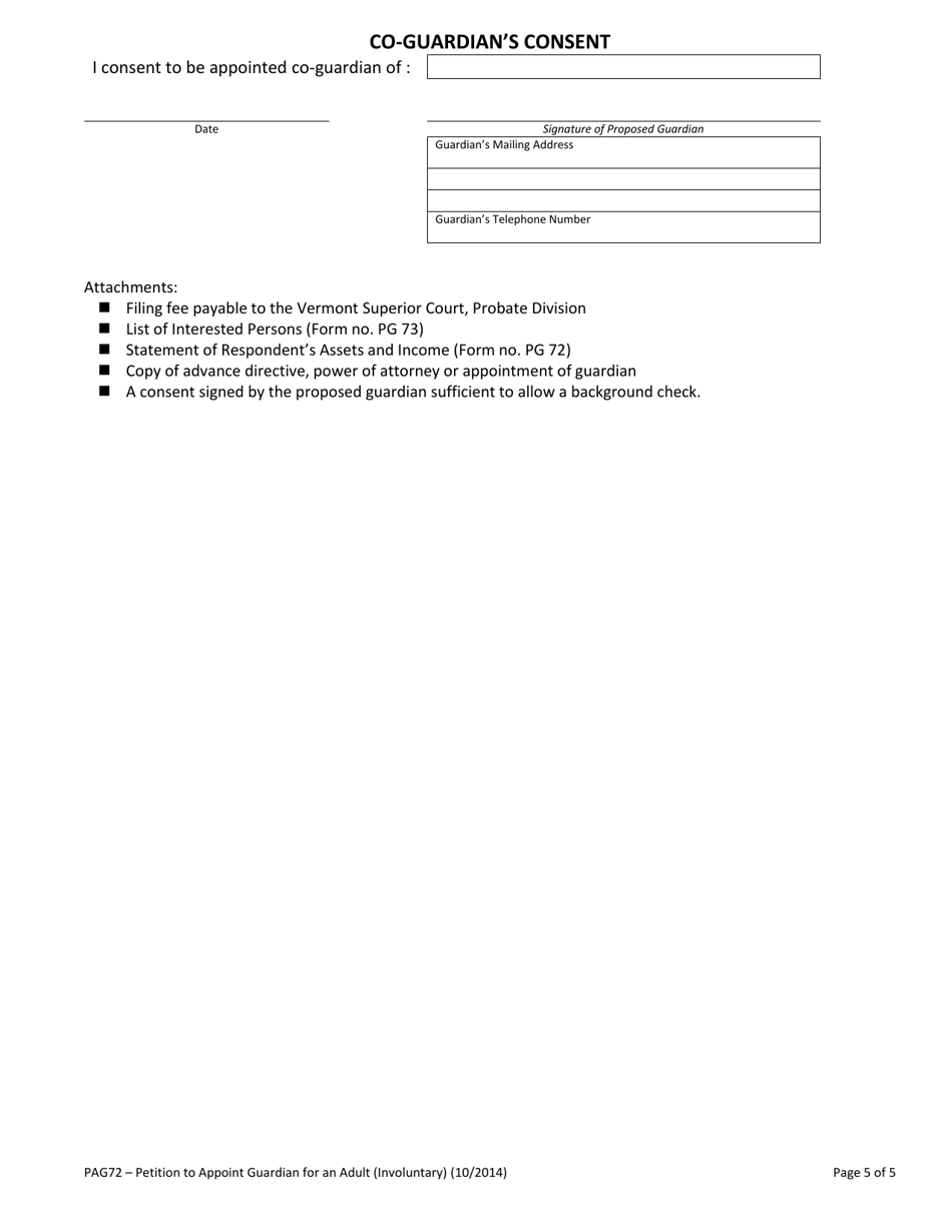 Form PAG72 Petition to Appoint Guardian for an Adult (Involuntary) - Vermont, Page 5