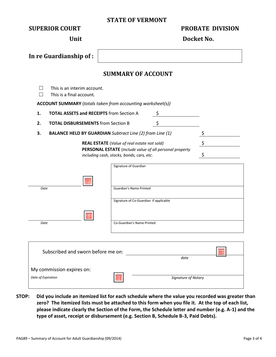 Form PAG89 Summary of Account for Adult Guardianship - Vermont, Page 3
