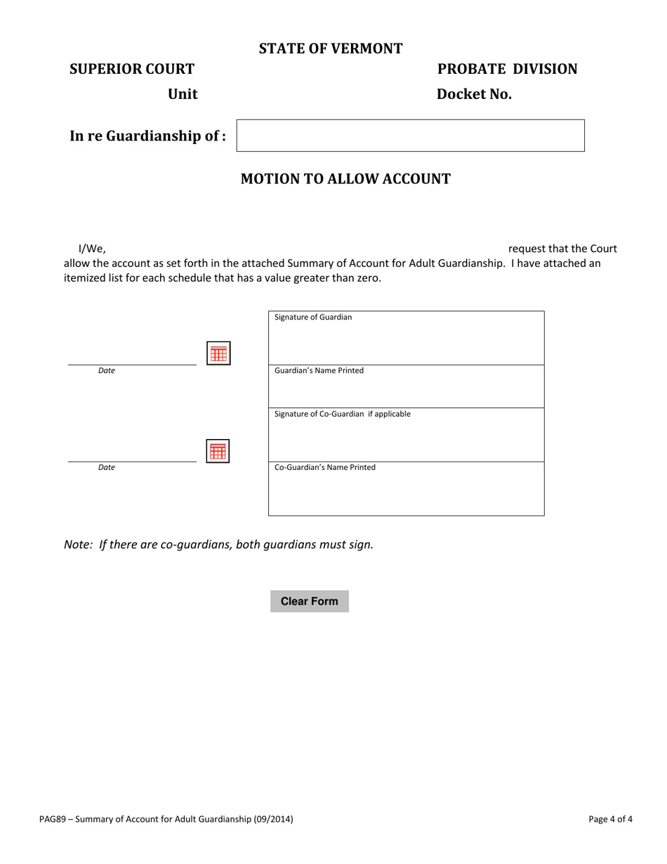 Form PAG89 Summary of Account for Adult Guardianship - Vermont, Page 4