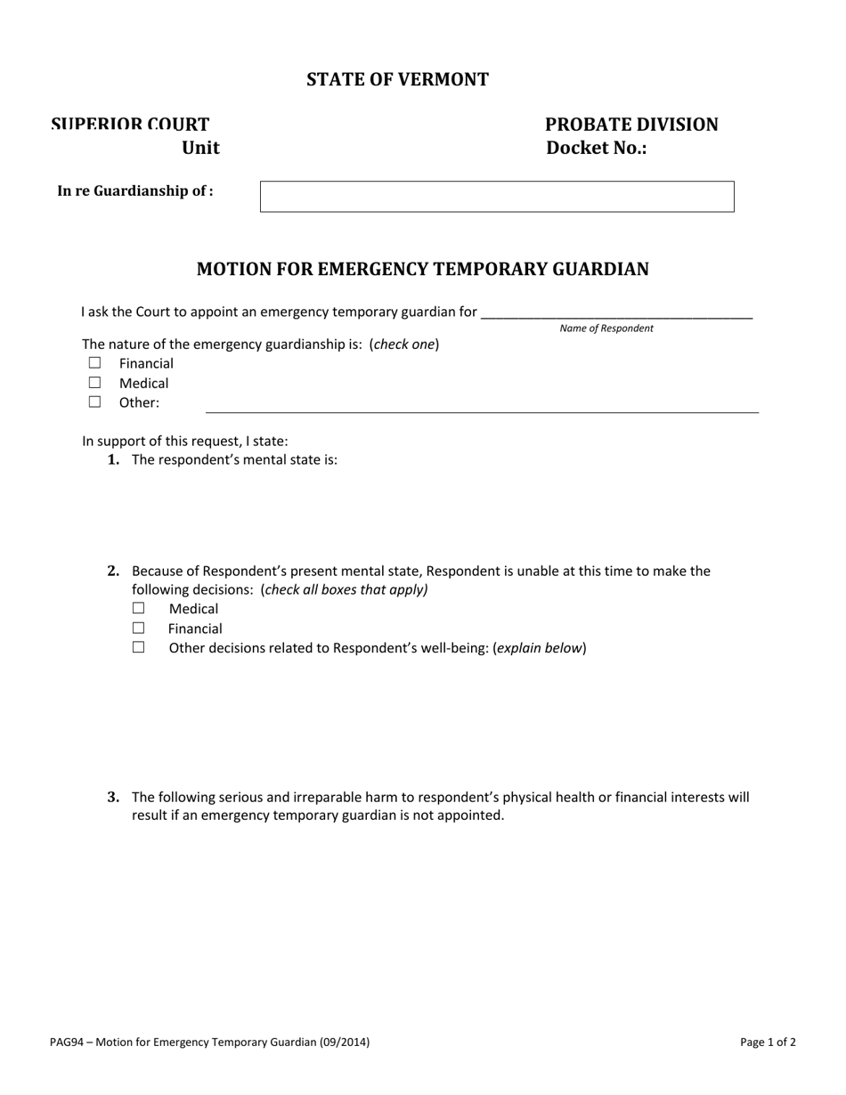 Form PAG94 Motion for Emergency Temporary Guardian - Vermont, Page 1