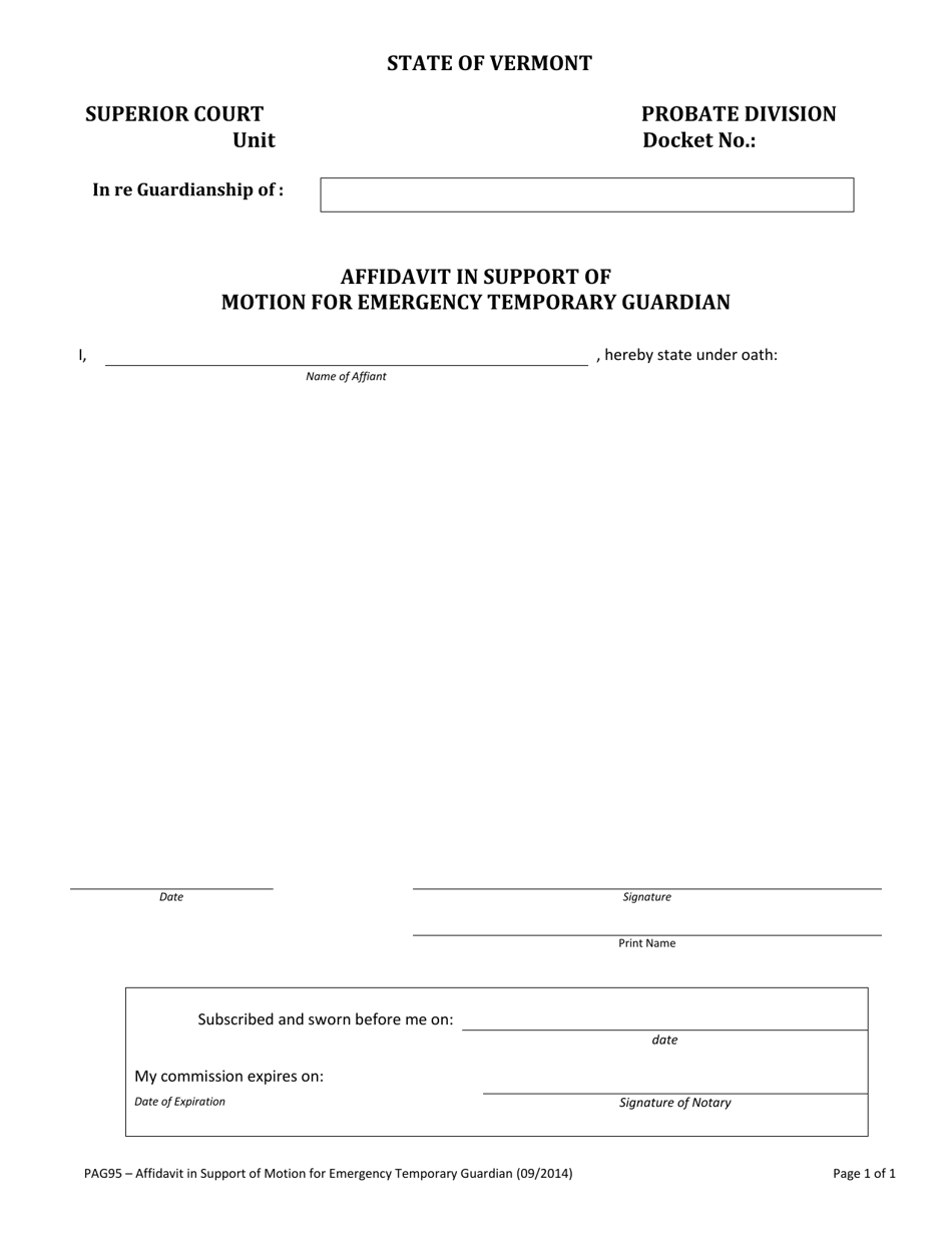 Form PAG95 Affidavit in Support of Motion for Emergency Temporary Guardian - Vermont, Page 1