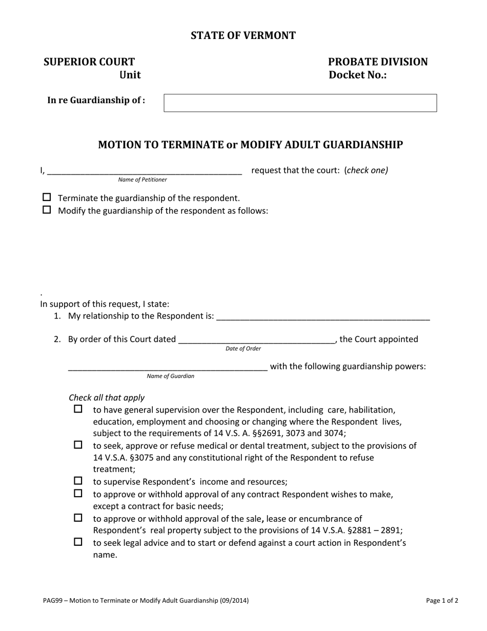Form PAG99 Motion to Terminate or Modify Adult Guardianship - Vermont, Page 1