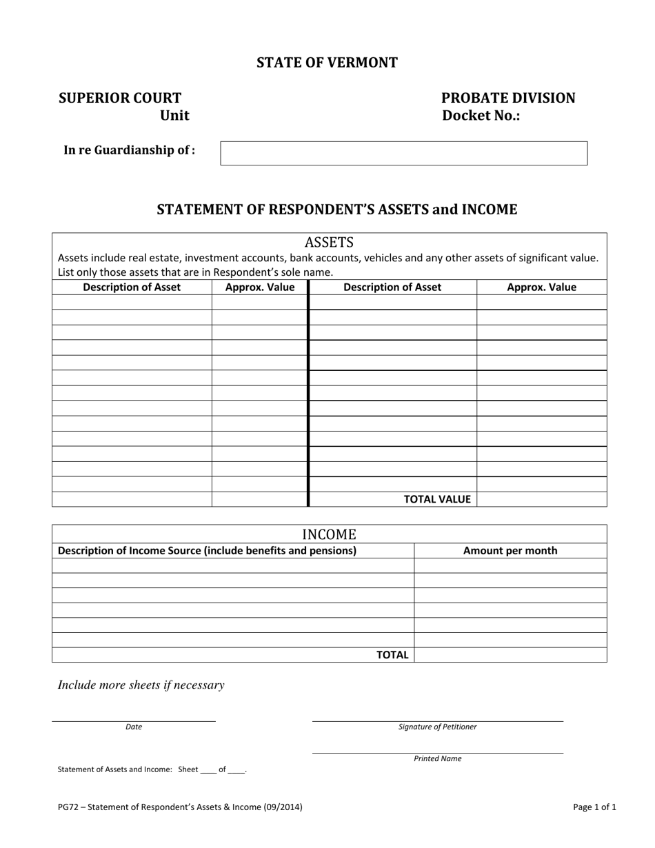 Form PG72 Statement of Respondents Assets and Income - Vermont, Page 1