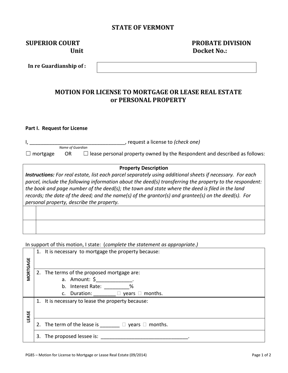 Form PG85 Motion for License to Mortgage or Lease Real Estate or Personal Property - Vermont, Page 1