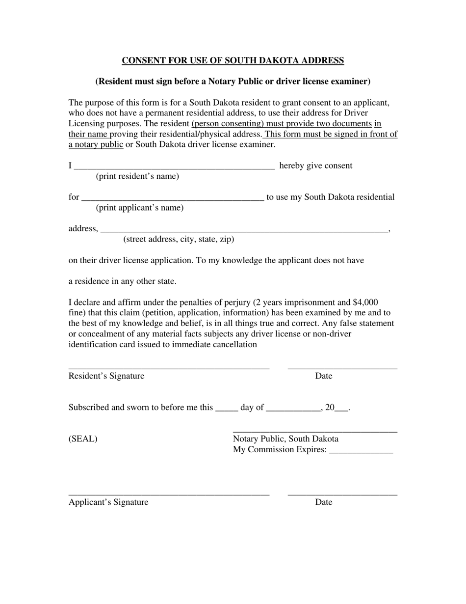 Consent for Use of South Dakota Address - South Dakota, Page 1