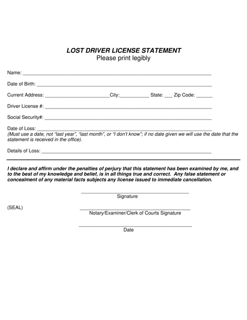 Lost Driver License Statement - South Dakota Download Pdf