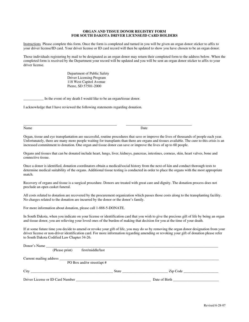 Organ and Tissue Donor Registry Form for South Dakota Driver License / Id Card Holders - South Dakota, Page 1