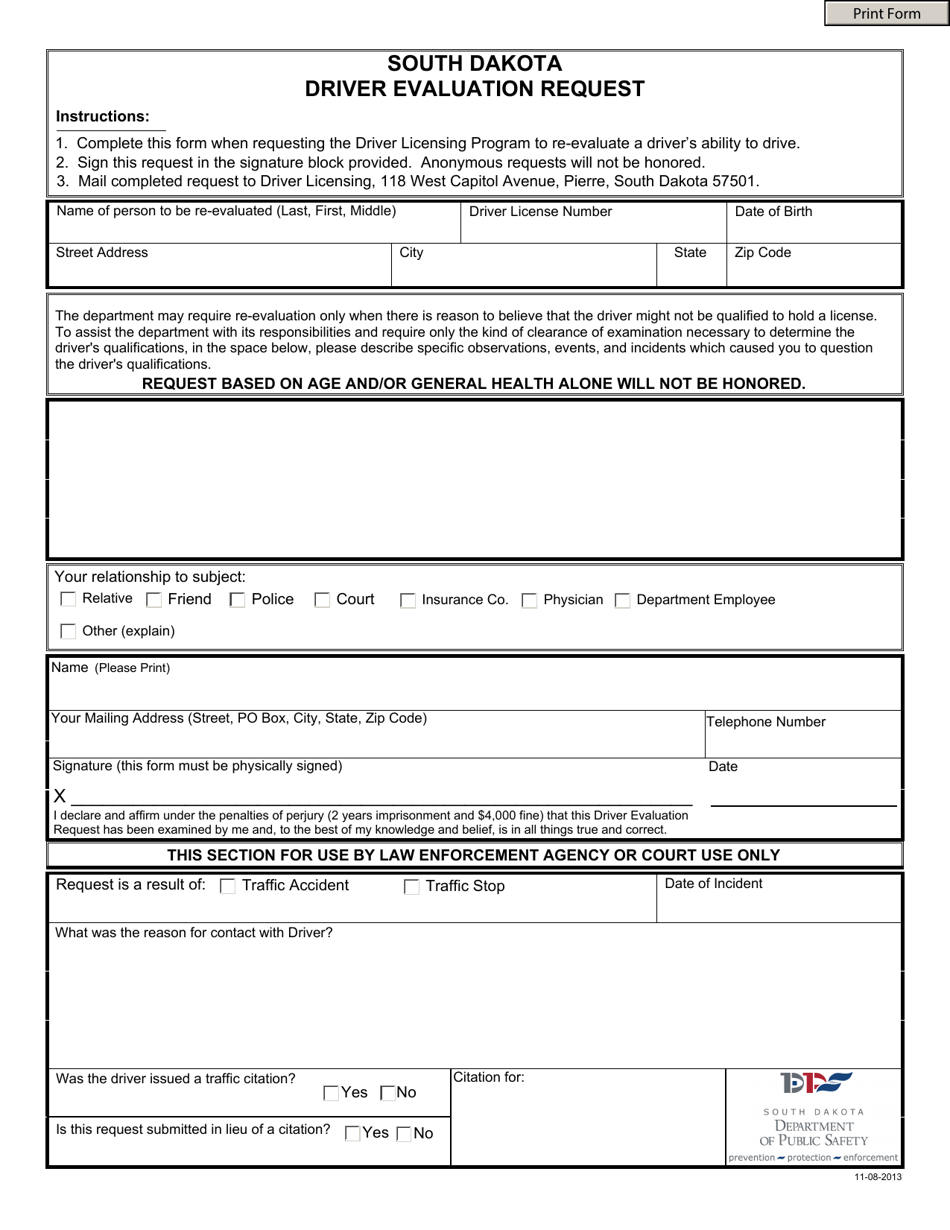 Driver Evaluation Request - South Dakota, Page 1