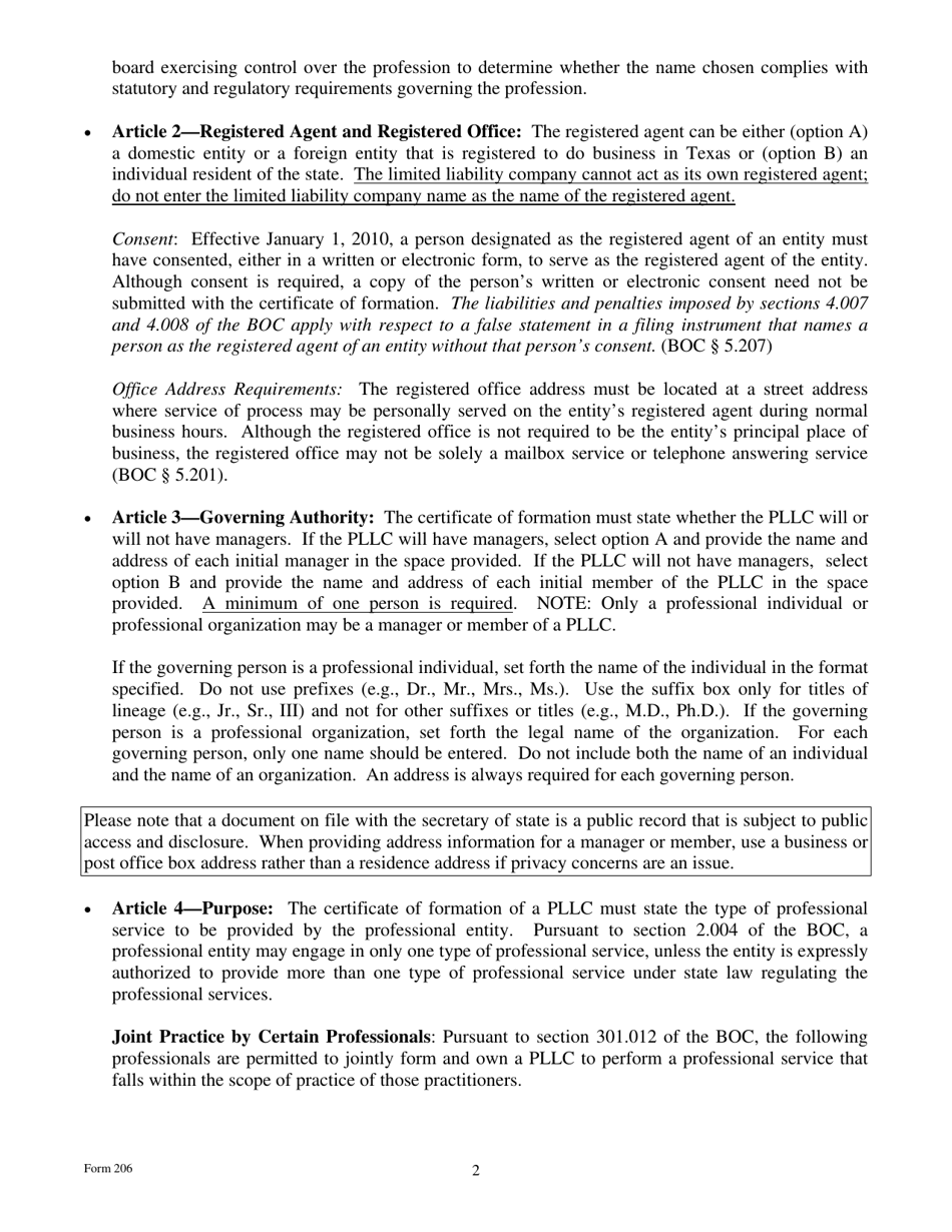 Form 206 Certificate of Formation Professional Limited Liability Company - Texas, Page 2