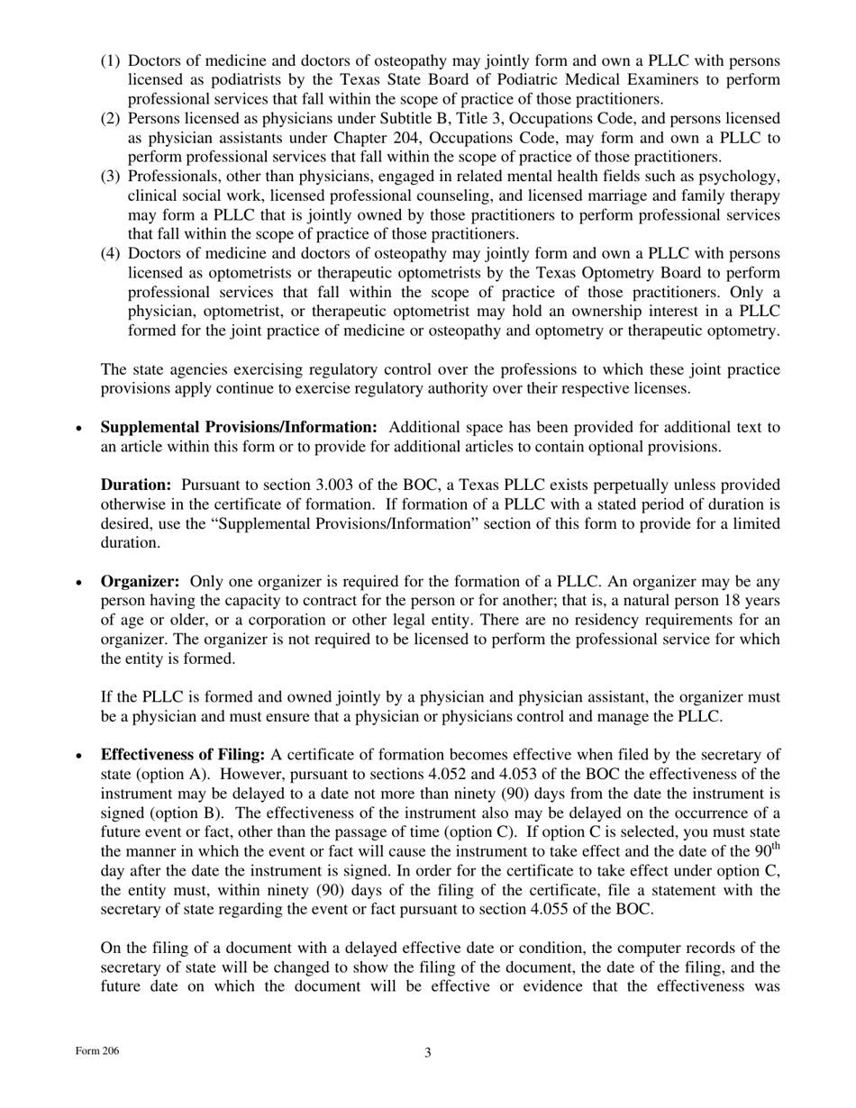 Form 206 Certificate of Formation Professional Limited Liability Company - Texas, Page 3