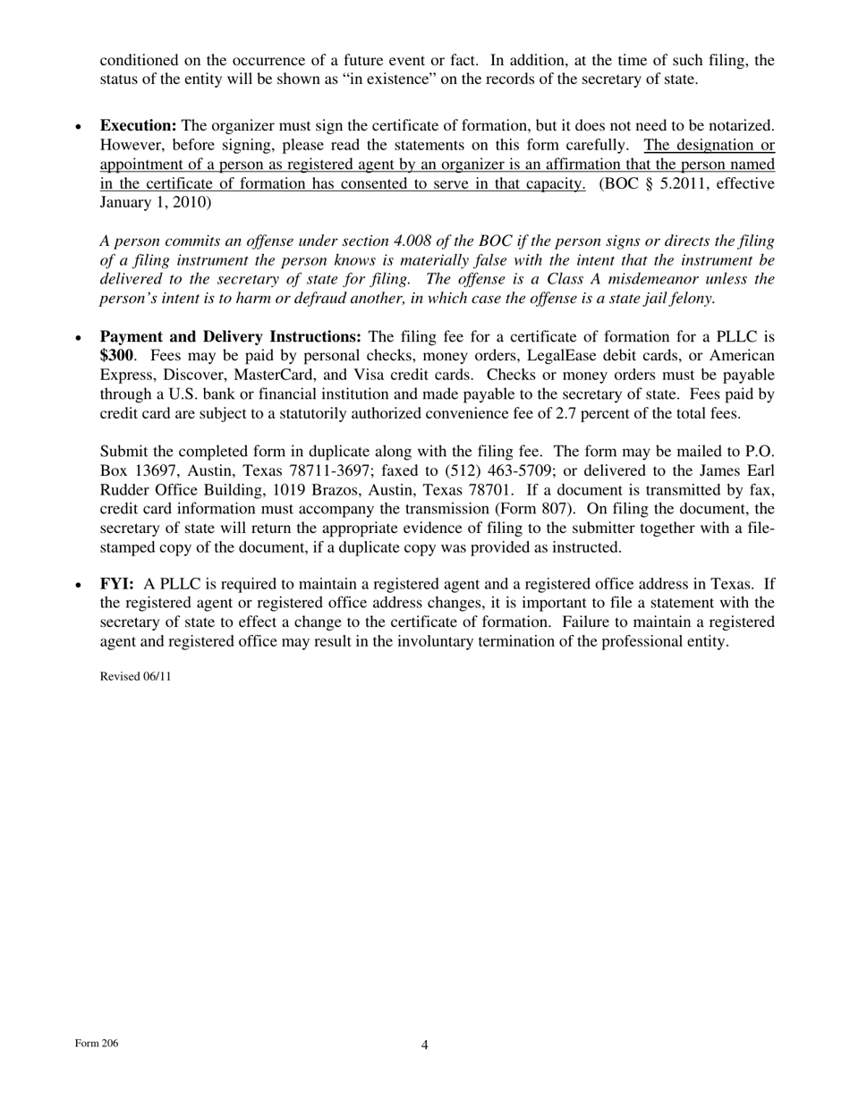 Form 206 Certificate of Formation Professional Limited Liability Company - Texas, Page 4