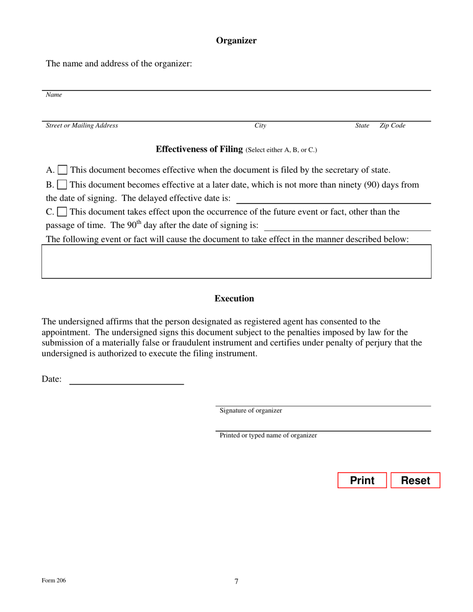 Form 206 Certificate of Formation Professional Limited Liability Company - Texas, Page 7