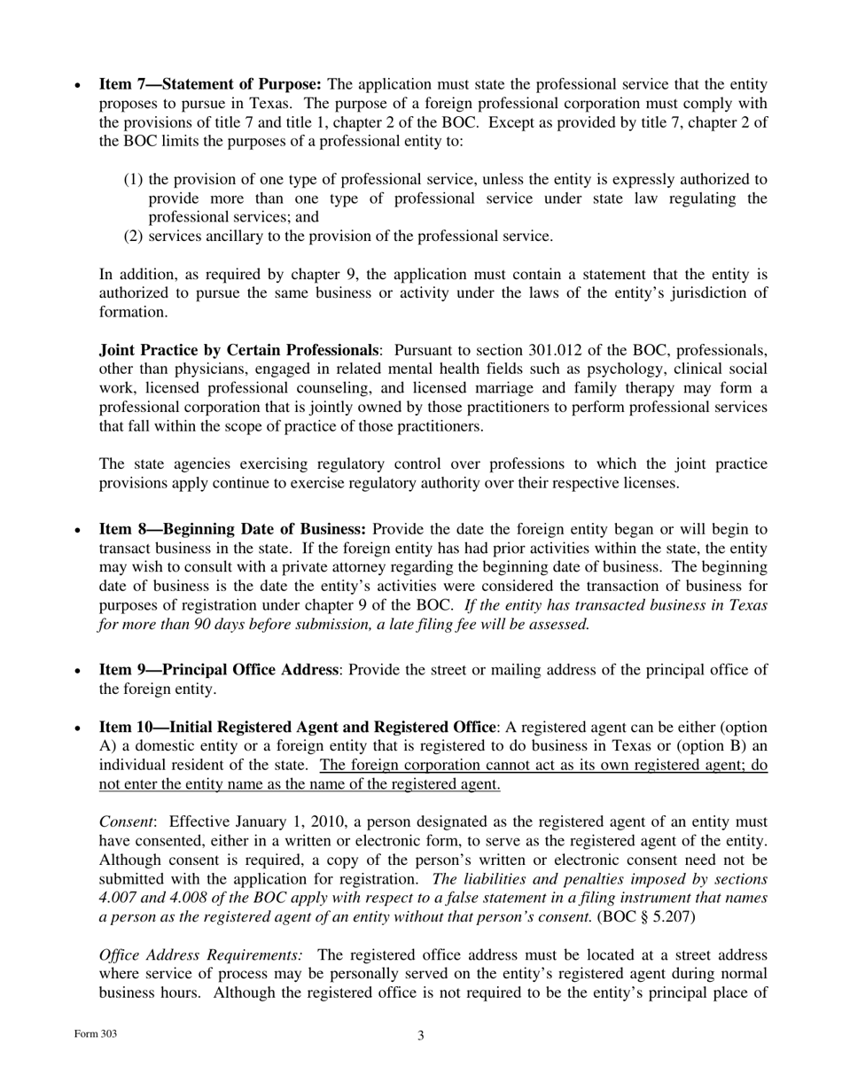 Form 303 Application for Registration for a Foreign Professional Corporation - Texas, Page 3