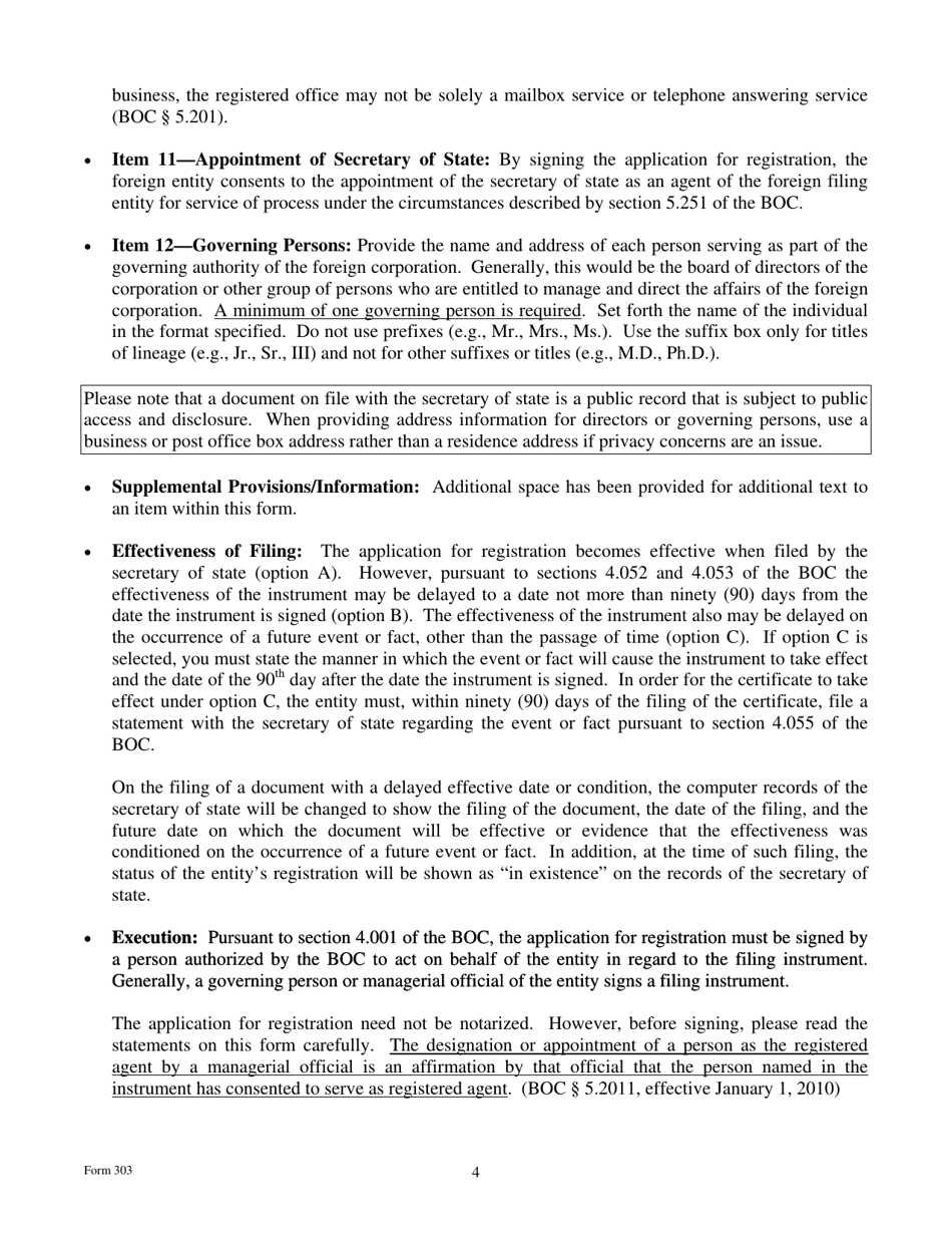 Form 303 Application for Registration for a Foreign Professional Corporation - Texas, Page 4