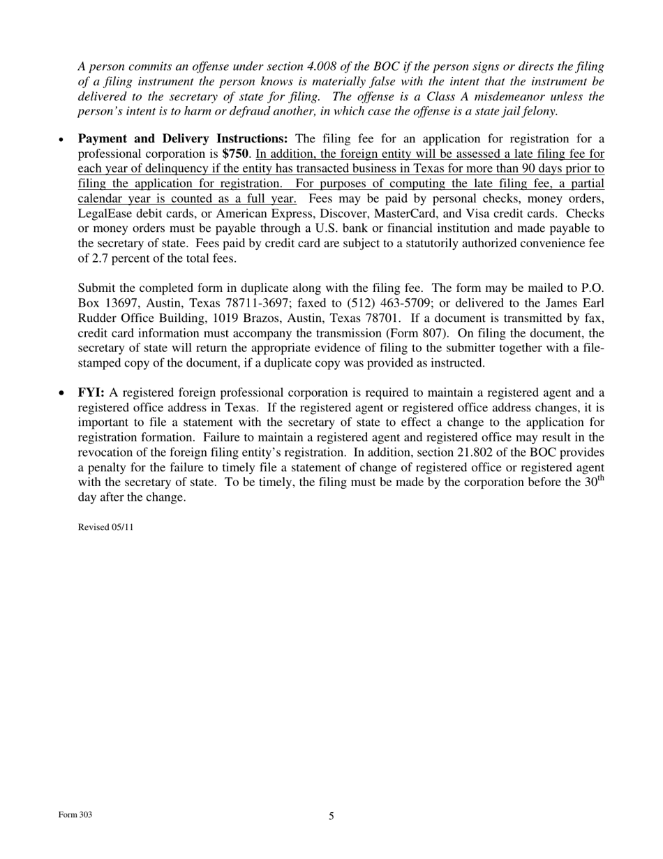 Form 303 Application for Registration for a Foreign Professional Corporation - Texas, Page 5