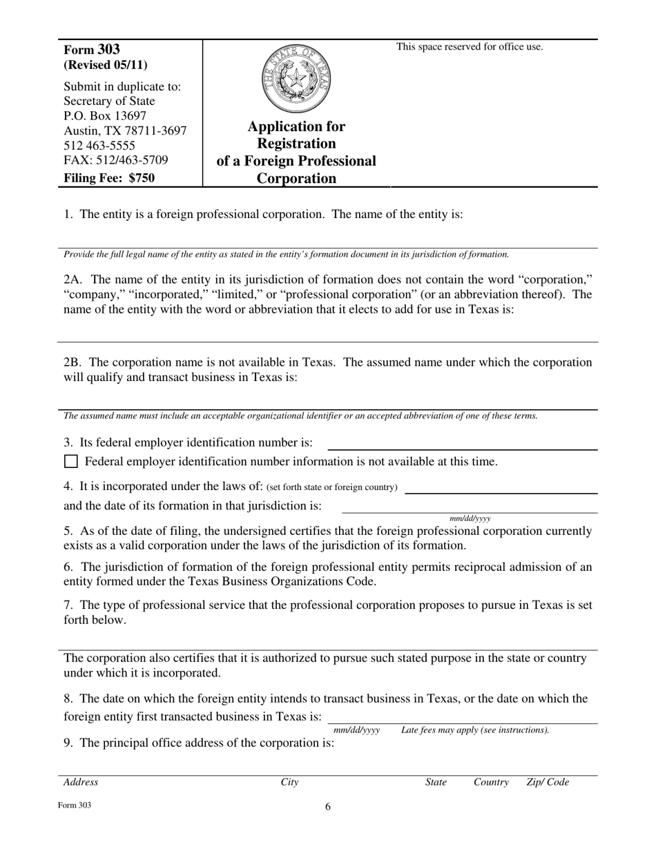 Form 303 Application for Registration for a Foreign Professional Corporation - Texas, Page 6