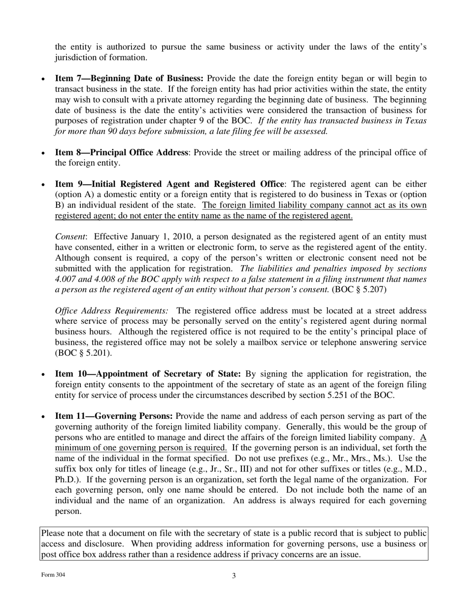 Form 304 Application for Registration of a Foreign Limited Liability Company - Texas, Page 3