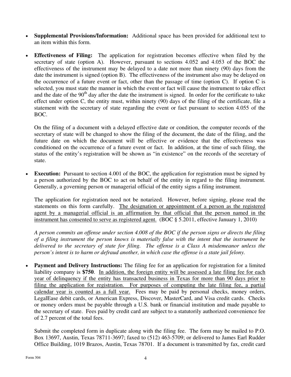 Form 304 Application for Registration of a Foreign Limited Liability Company - Texas, Page 4
