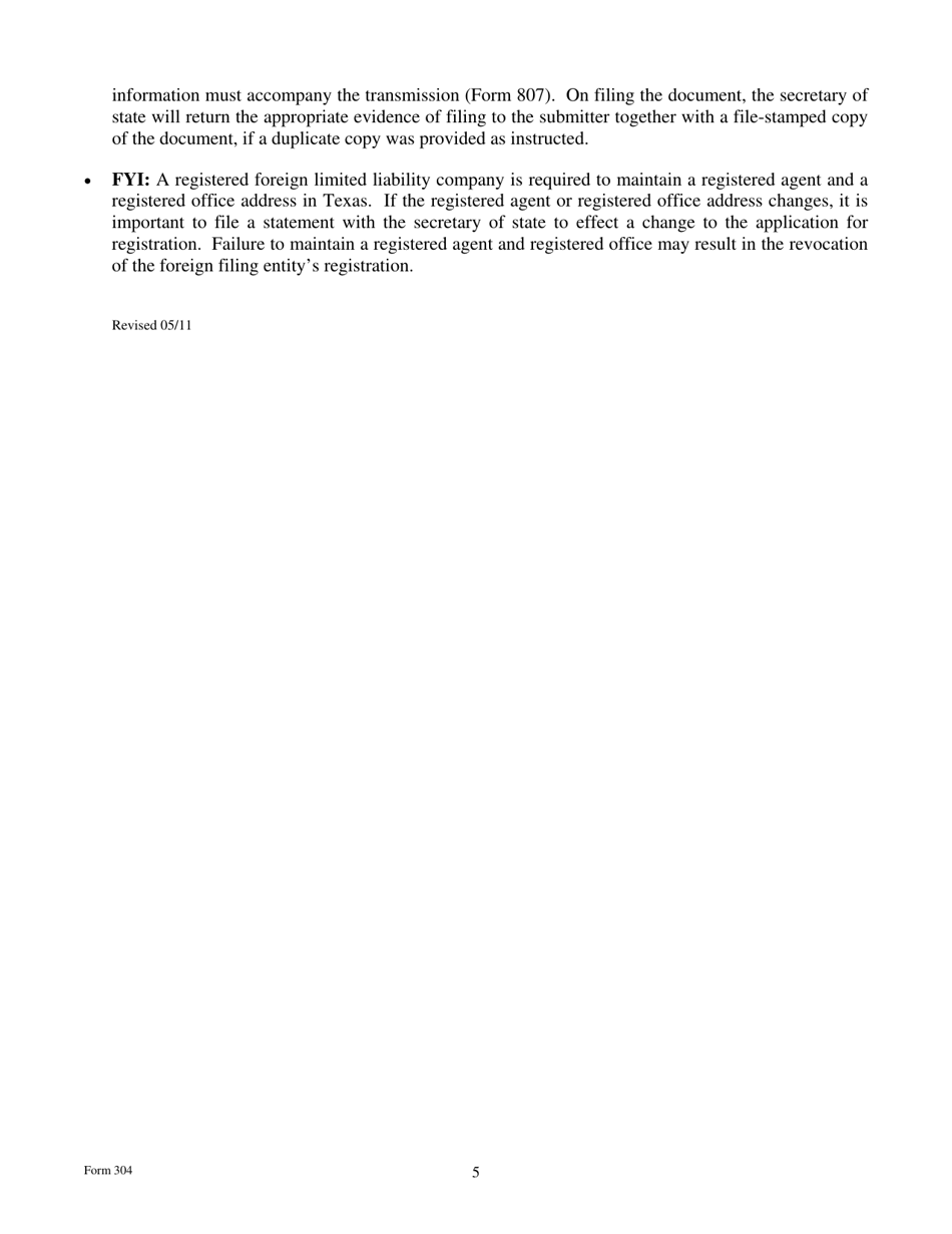 Form 304 Application for Registration of a Foreign Limited Liability Company - Texas, Page 5