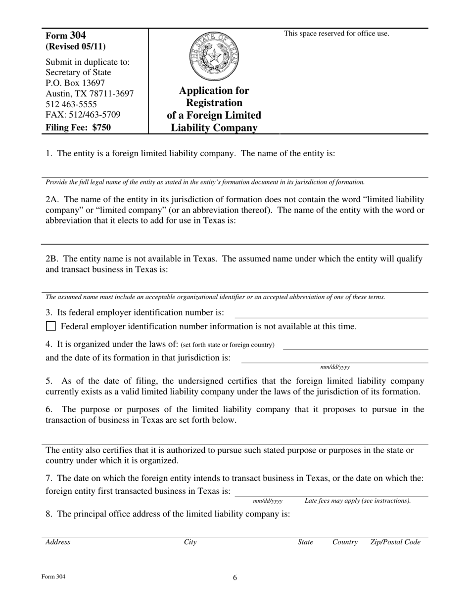 Form 304 Application for Registration of a Foreign Limited Liability Company - Texas, Page 6