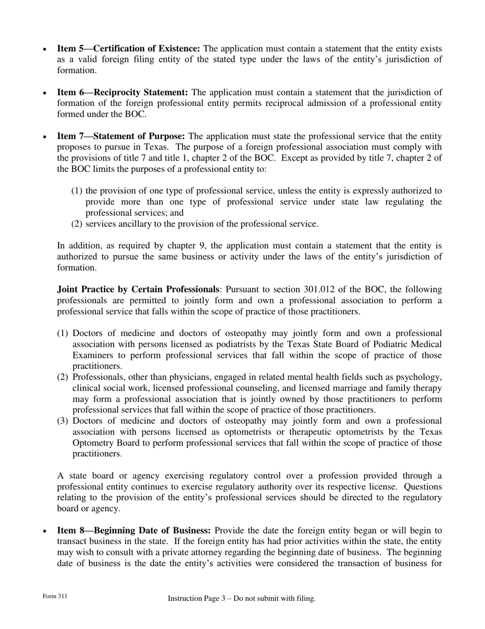 Form 311 Application for Registration for a Foreign Professional Association - Texas, Page 3