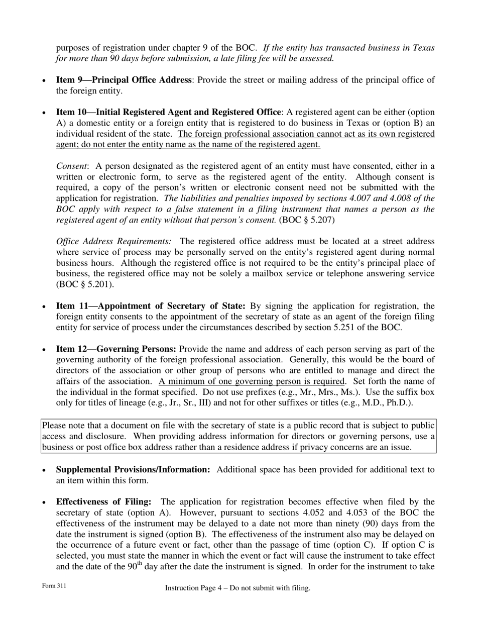 Form 311 Application for Registration for a Foreign Professional Association - Texas, Page 4