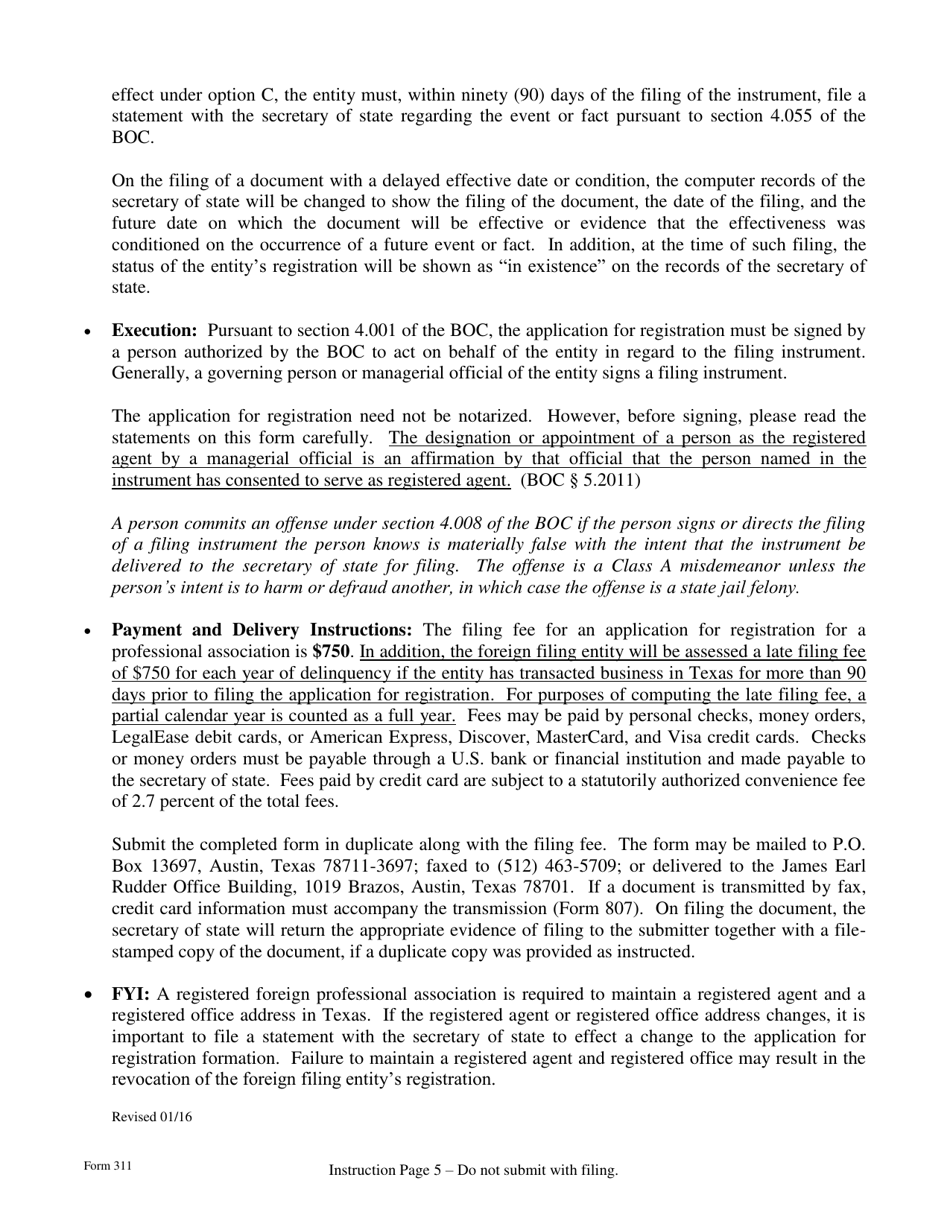 Form 311 Application for Registration for a Foreign Professional Association - Texas, Page 5