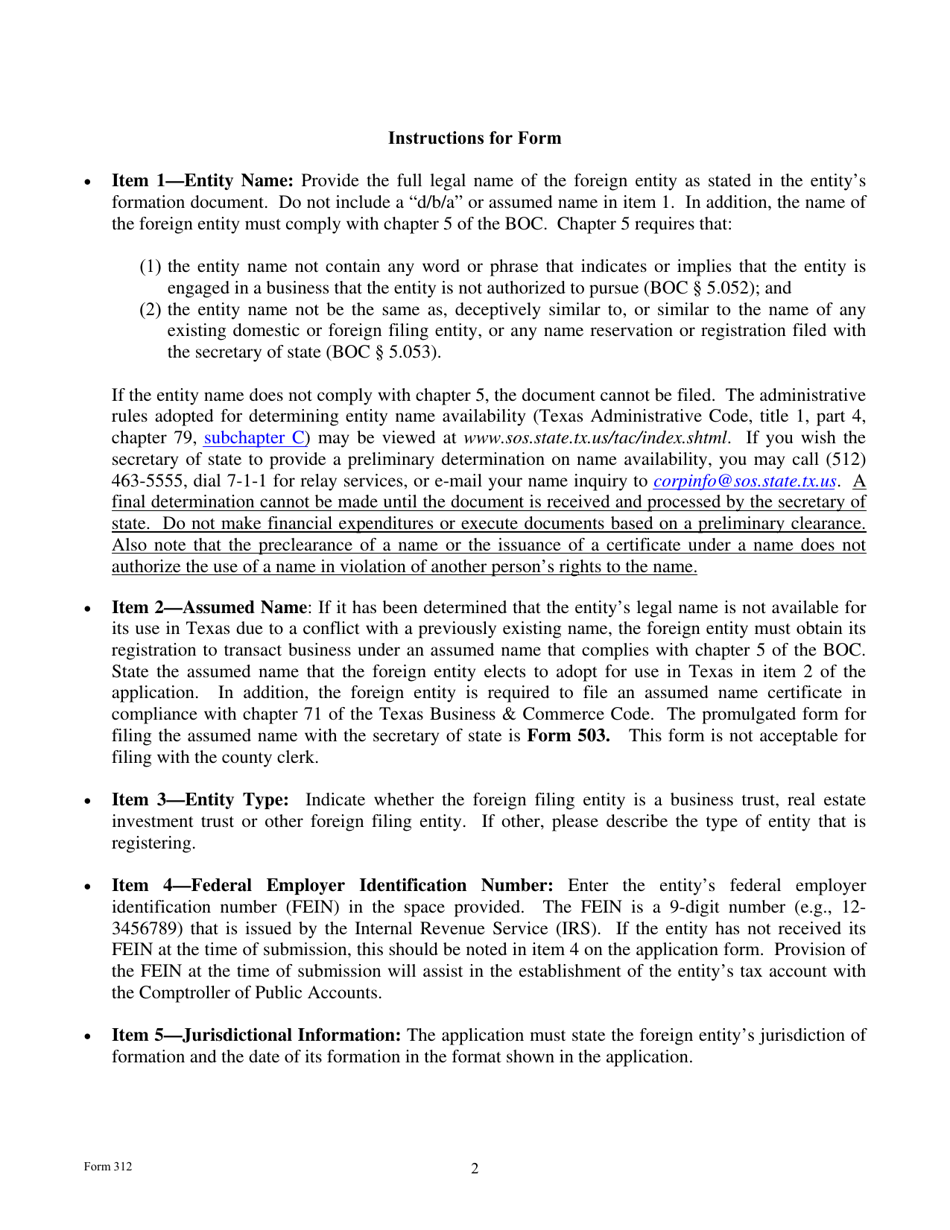Form 312 Application for Registration of a Foreign Business Trust, Real Estate Investment Trust or Other Foreign Filing Entity - Texas, Page 2