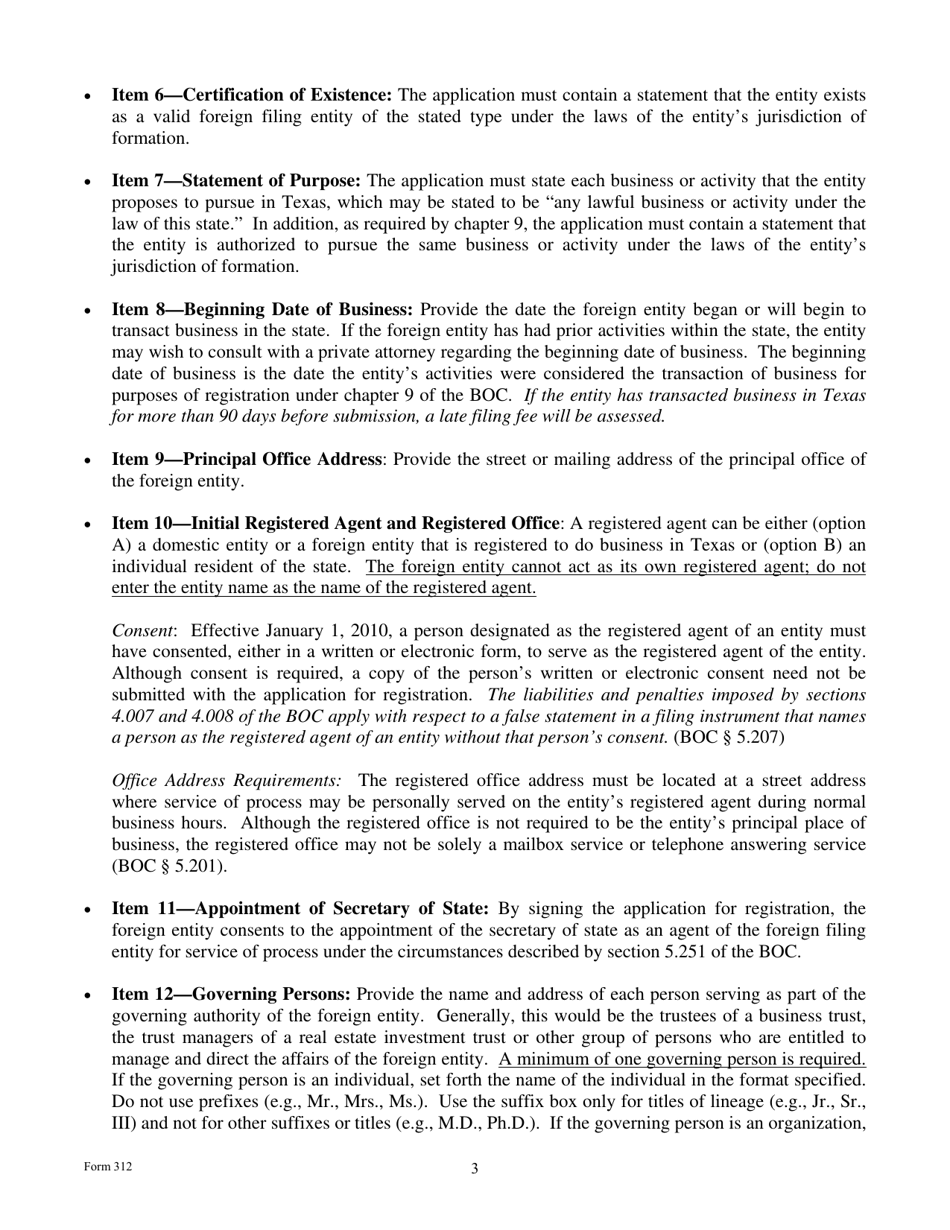 Form 312 Application for Registration of a Foreign Business Trust, Real Estate Investment Trust or Other Foreign Filing Entity - Texas, Page 3