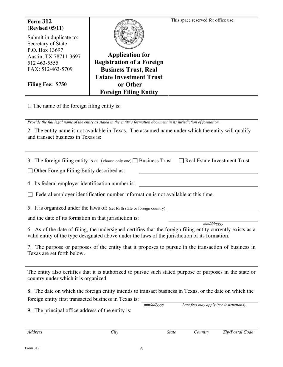 Form 312 Application for Registration of a Foreign Business Trust, Real Estate Investment Trust or Other Foreign Filing Entity - Texas, Page 6