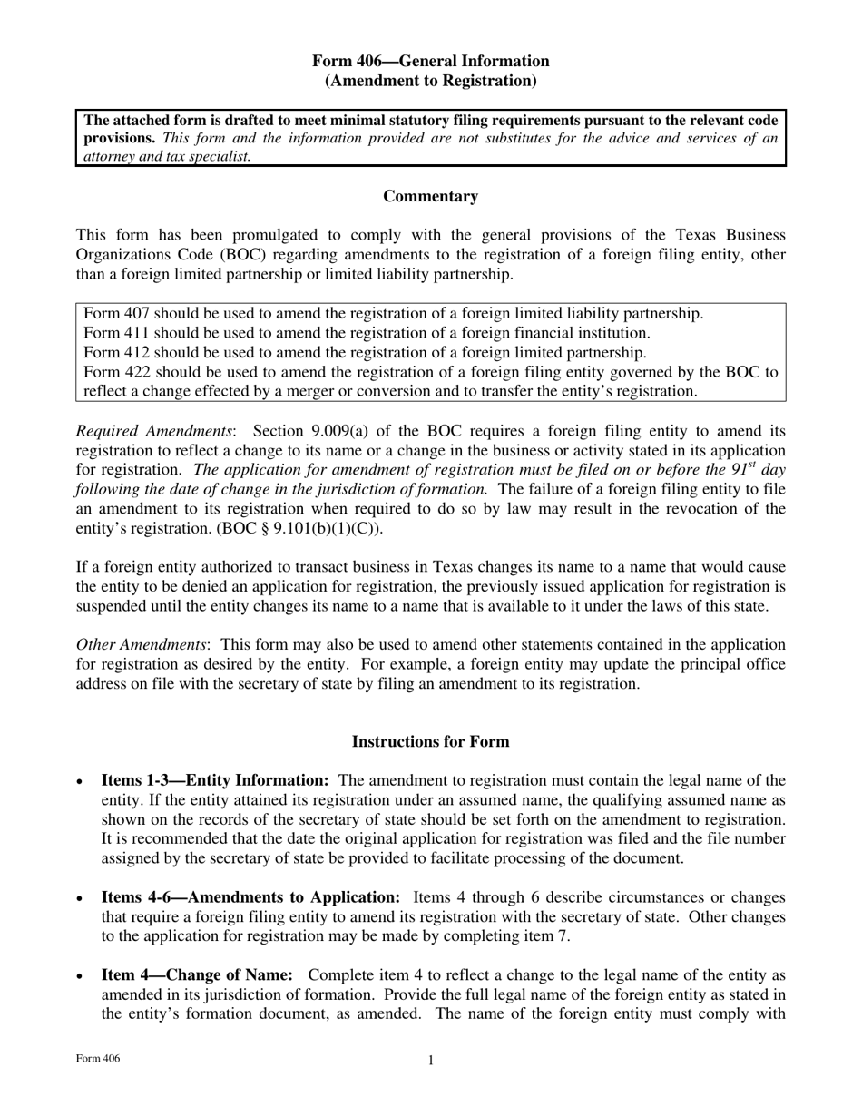 Form 406 Amendment to Registration - Texas, Page 1