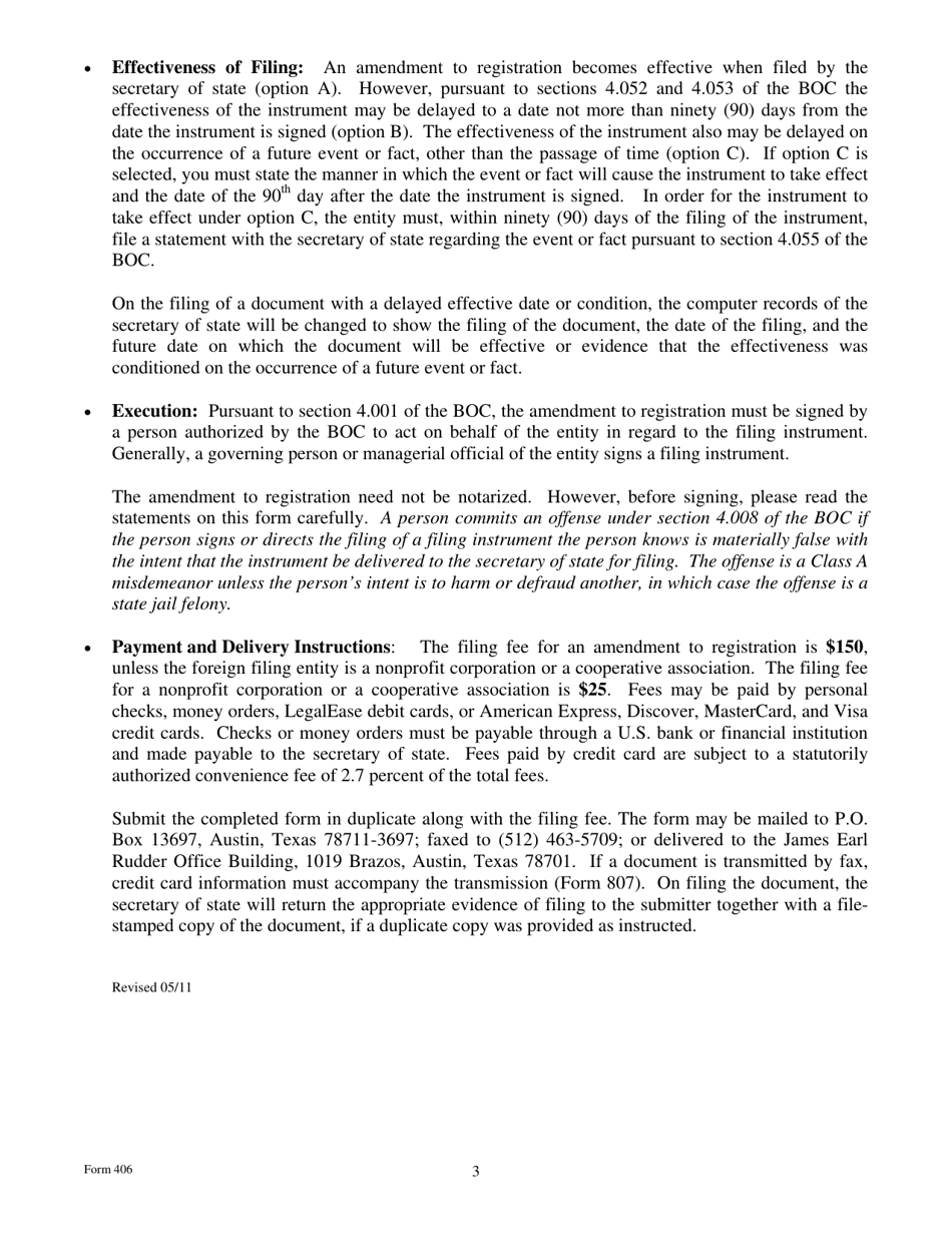 Form 406 Amendment to Registration - Texas, Page 3