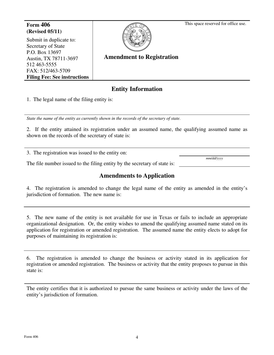 Form 406 Amendment to Registration - Texas, Page 4