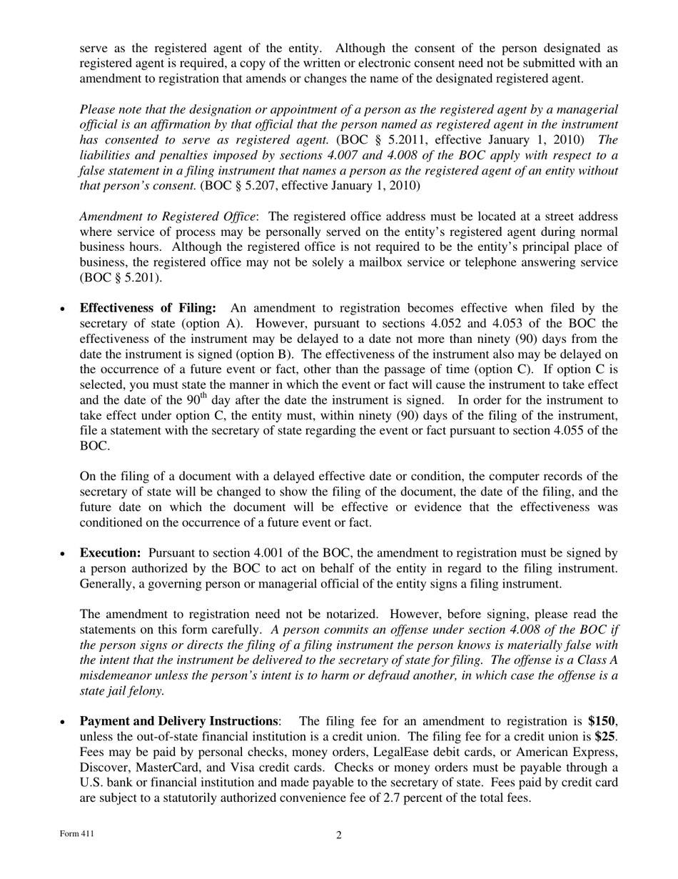Form 411 Amendment to Registration by an Out-of-State Financial Institution - Texas, Page 2